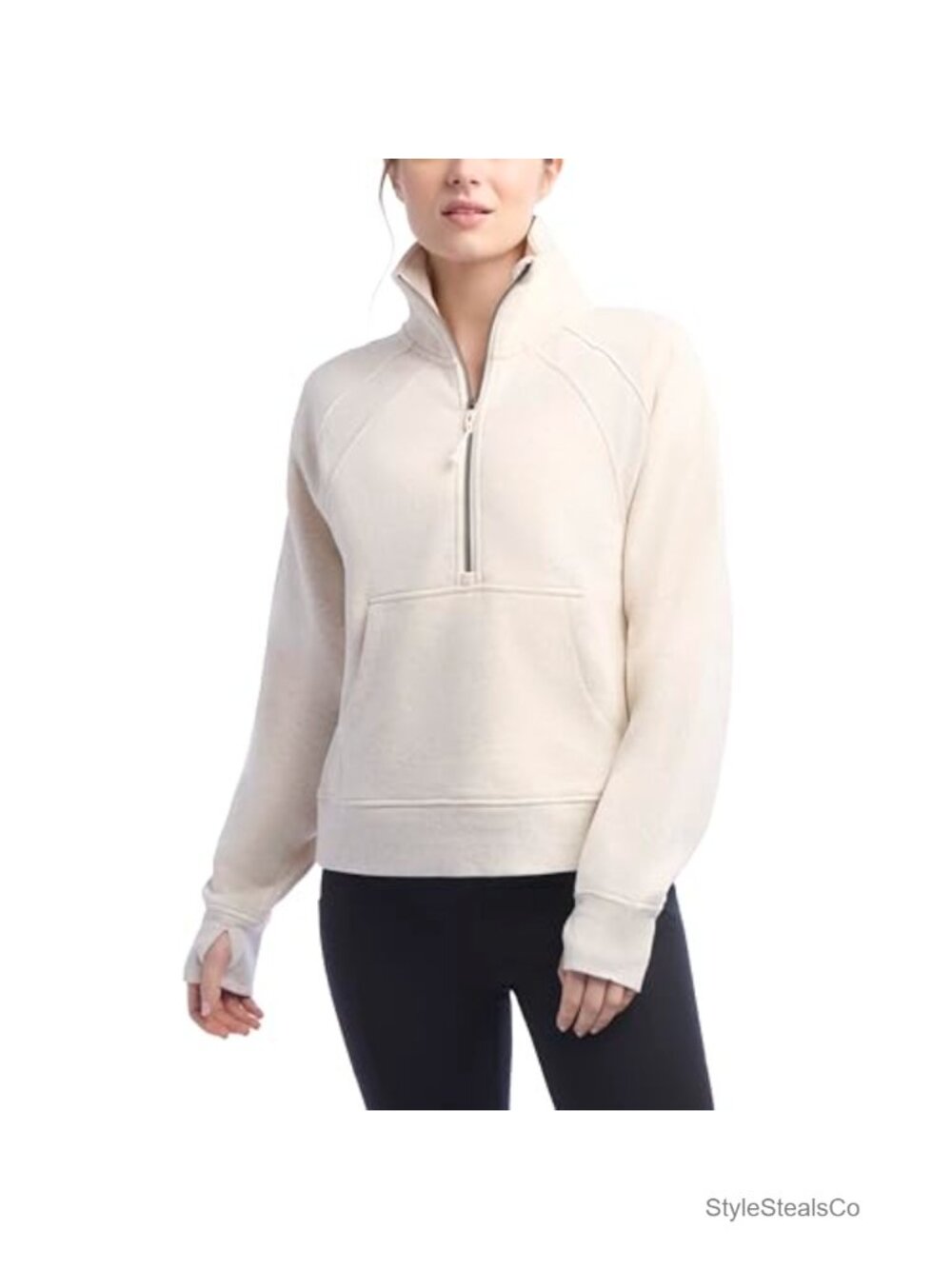 Mixed Rib Half Zip Pullover Sweatshirt Mock Neck Kangaroo Pocket Relaxed Fit